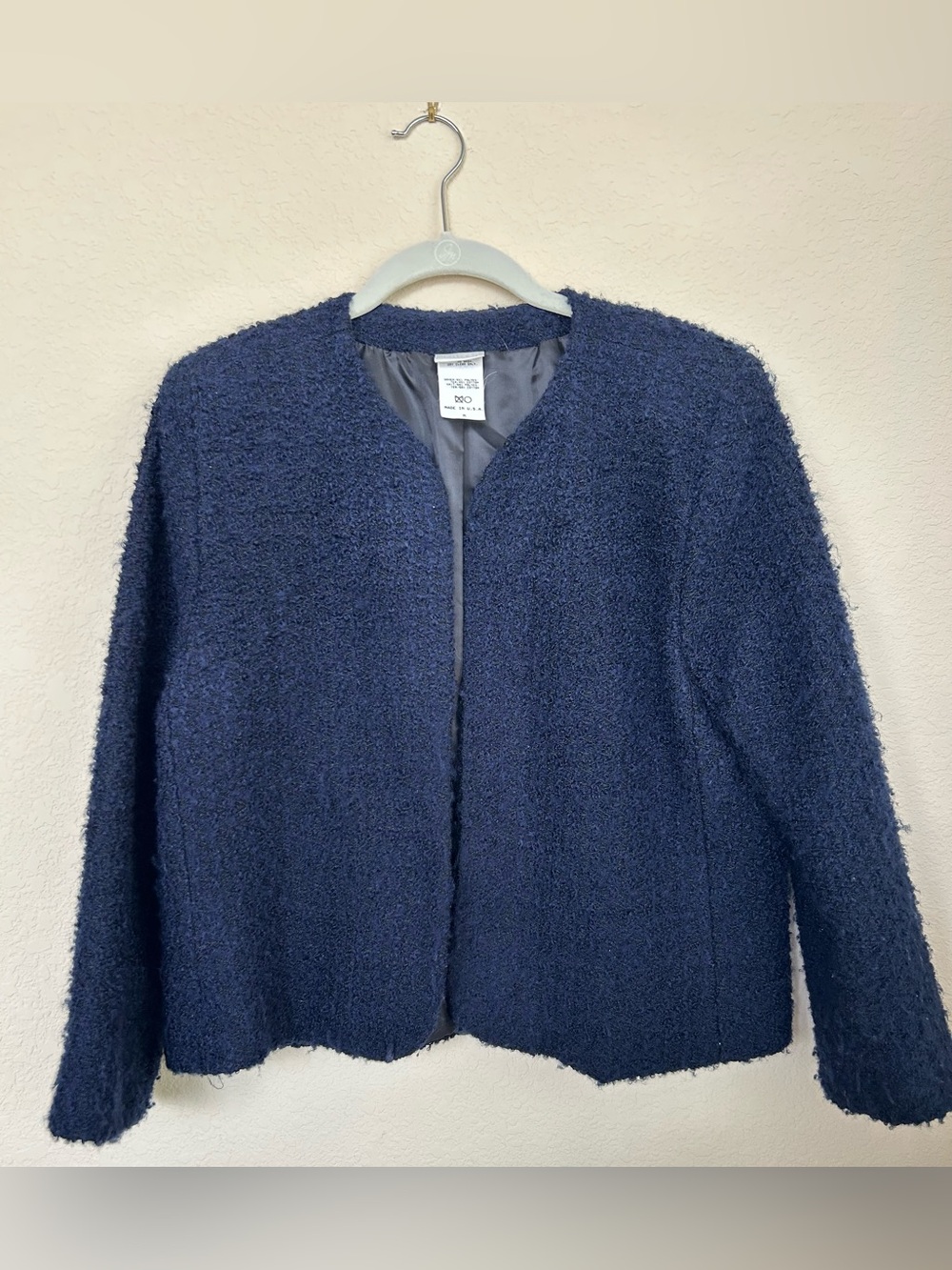 Vintage Janzen Jacket Dark Blue Boucle Open Front Blazer USA Textured Size M